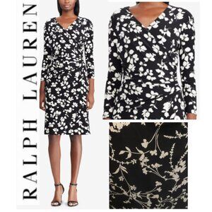 Lauren Ralph Lauren Wrap Dress Long Sleeve Dress Black White Floral Size 10